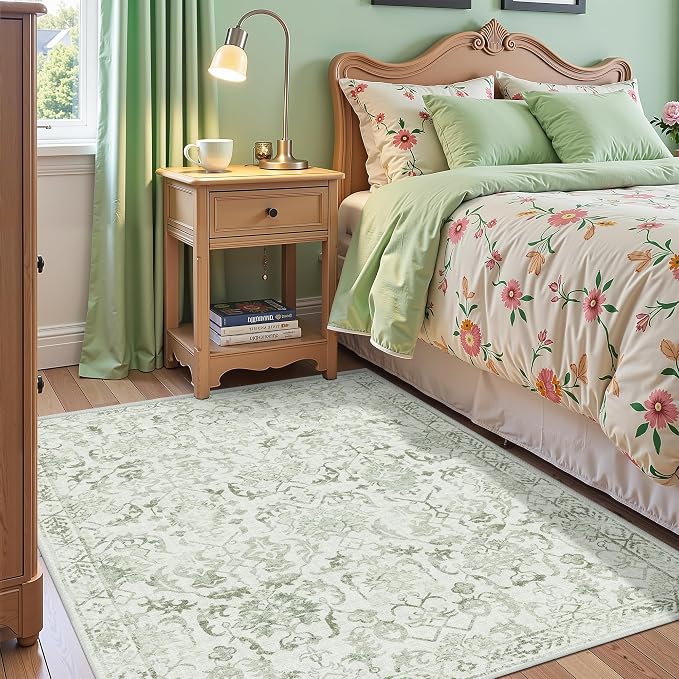Sage Vintage Area Rug 3x5 for Living Room Bedroom, Washable Distressed Farmhouse Soft Thin Non-Shedding Indoor Throw Rug, Traditional Accent Carpet for Bedroom Office