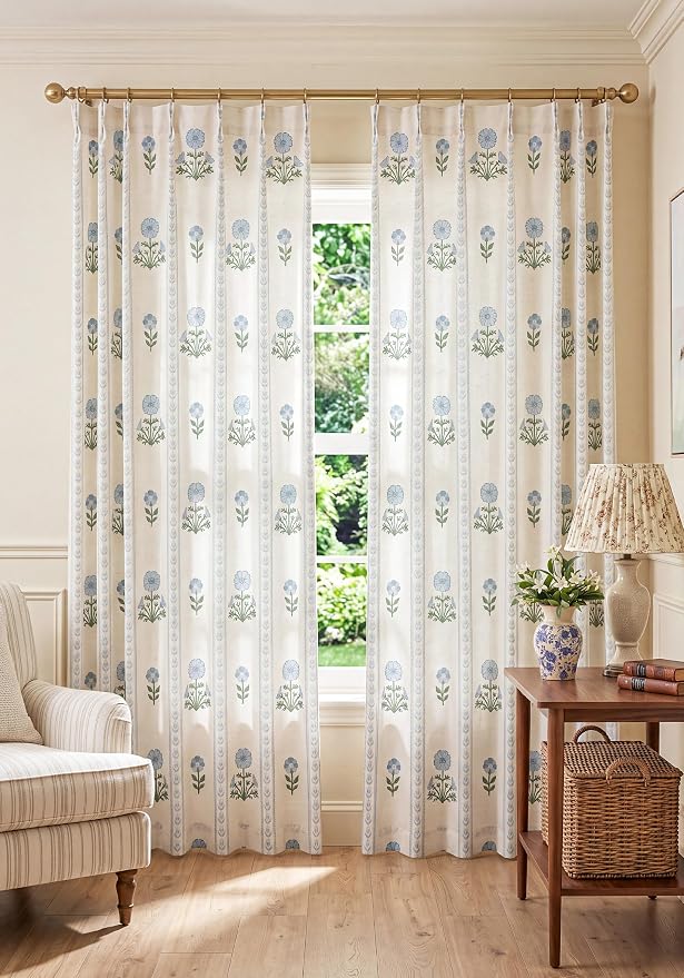 THREE GIRLS Pinch Pleated Light Filtering Linen Blend Floral Block Print Curtains for Living Room, Bedroom, Modern Farmhouse, Memory Trained, Hooks, 2 Panels Set, 40"x120", Blue