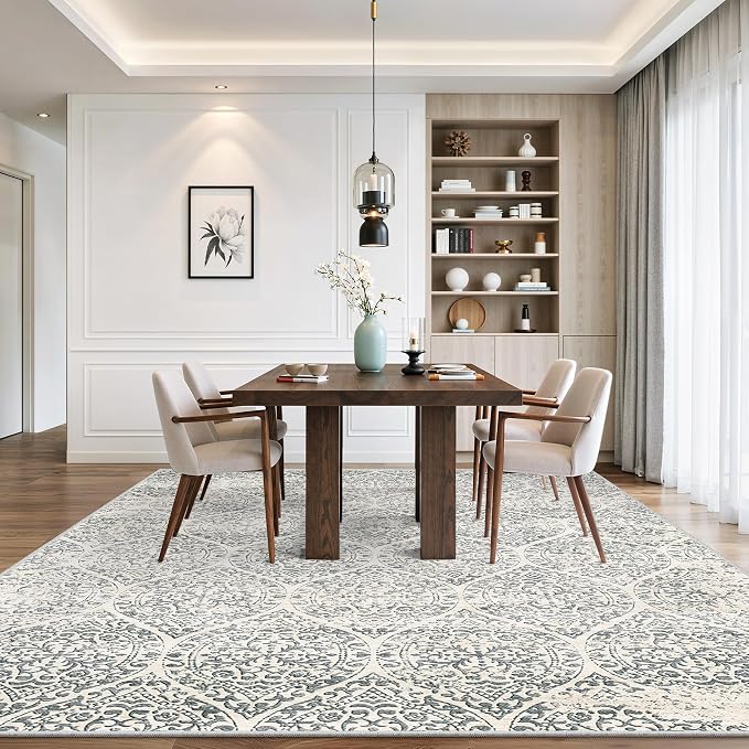 Soalmost 10x14 Area Rug for Living Room, Washable Moroccan Trellis Soft Rug | Stain Resistant Non-Slip Low Pile Natural Extra Large Carpet for Dining Room Bedroom Home Office Nursery Grey, 10'x14'