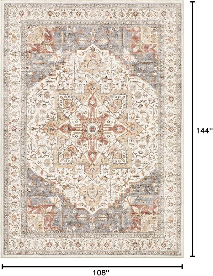 Tortania Area Rug Living Room Rugs - 9x12 Washable Boho Rug Vintage Oriental Distressed Farmhouse Large Thin Indoor Carpet for Living Room Bedroom Under Dining Table Home Office - Orange Multi