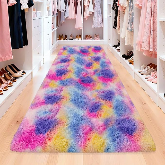 3x10 Hot Pink Runner Rainbow Rug for Girls Bedroom Bedside, Soft Fluffy Plush Runner Carpet Shag Kids Area Rug for Little Girls Room, Cute Colorful Princess Rug for Living Room Nursery Hallway