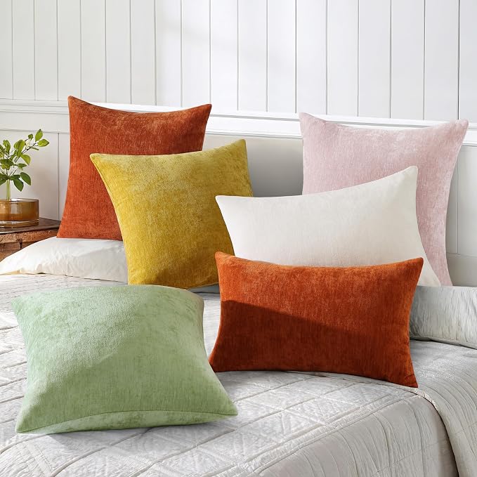 decorUhome Soft Chenille Sage Green Throw Pillow Covers 20X20 Set of 2 | Decorative Fall Couch Pillow Covers Solid Dyed Accent Modern Farmhouse Neutral Square Pillow Cases for Sofa