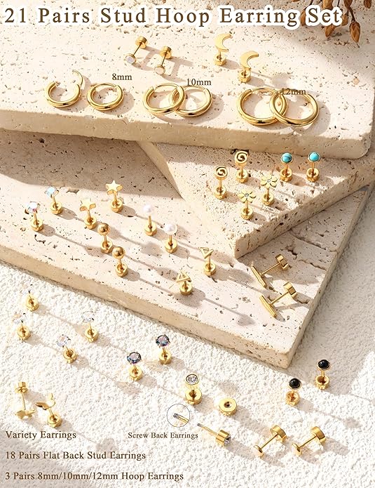 LOLIAS 21Pairs Surgical Steel Flat Back Earrings Hypoallergenic 20G Screw Back Nap Stack Cartilage Earring Stacks