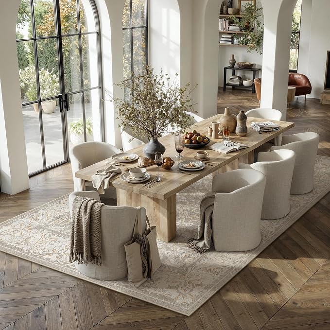 8x10 Taupe Washable Area Rug Non Slip Retro Distressed Carpet | Soft Low Pile, Lightweight Foldable, Pet Friendly, Living Room, Bedroom, Dining Room, Classroom, Playroom
