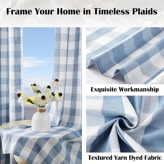 Dusty Blue White Buffalo Plaid Semi Sheer Curtain Panels 84 Inch | Farmhouse Buffalo Check Pattern Drapes,Rustic Window Treatment for Bedroom Living Room,Rod Pocket,52"Wx84"L,Pack of 2