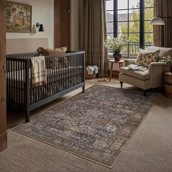 HUGEAR Area Rugs 3x5 Blue Brown Washable Rug for Living Room Bedroom Neutral Vintage Rug Carpet Distressed Soft Durable Non Slip No Shedding for Indoor Dining Nursery Farmhouse