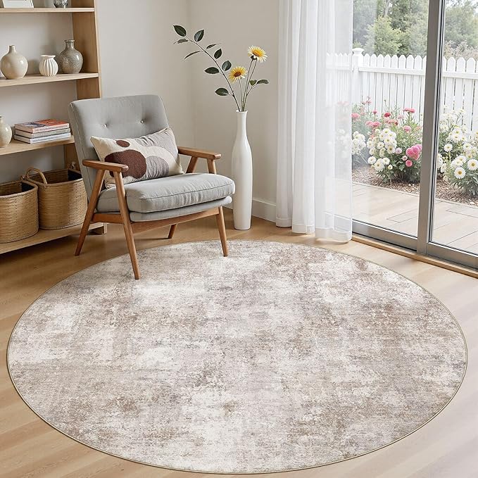6Ft Round Area Rug for Living Room, 6x6 Washable Rugs Non-Slip Soft Large Modern Abstract Pattern Low Pile Carpet for Bedroom Indoor Floor Nursery Home Decor - Brown