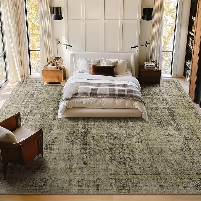 Boho Washable 10x14 Area Rugs for Living Room, Cushioned, Dark Green | Vintage Non-slip Neutral Oriental Rugs for Bedroom Dining Room Nursery Office High Traffic Area