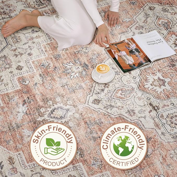 7x10 Area Rug Living Room: Washable Boho Large Neutral Vintage Soft Rug Stain Resistant Farmhouse Non-Slip Indoor Floor Retro Carpet for Bedroom Nursery Kids Office Dining Room- Pink Brown