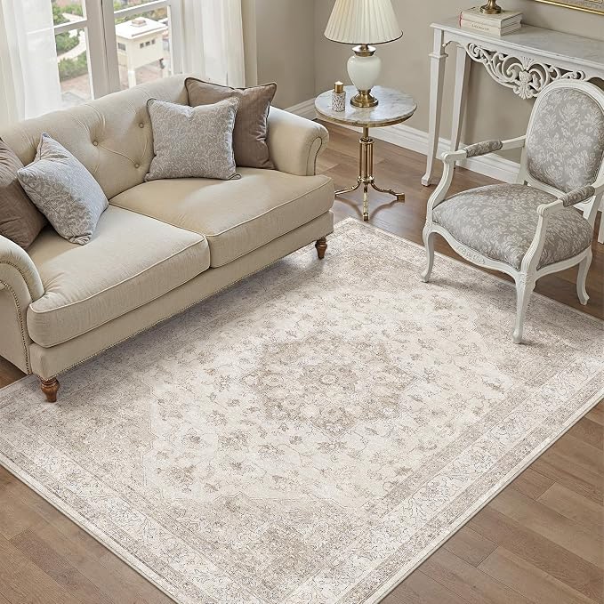 PureCozy Beige Area Rug 3x5 Washable Vintage Carpet for Entryway Office Soft Retro Kitchen Low Pile Thin Door Mat Non Slip Oriental Medallion Throw Rug for Bathroom Bedroom Dining Living Room