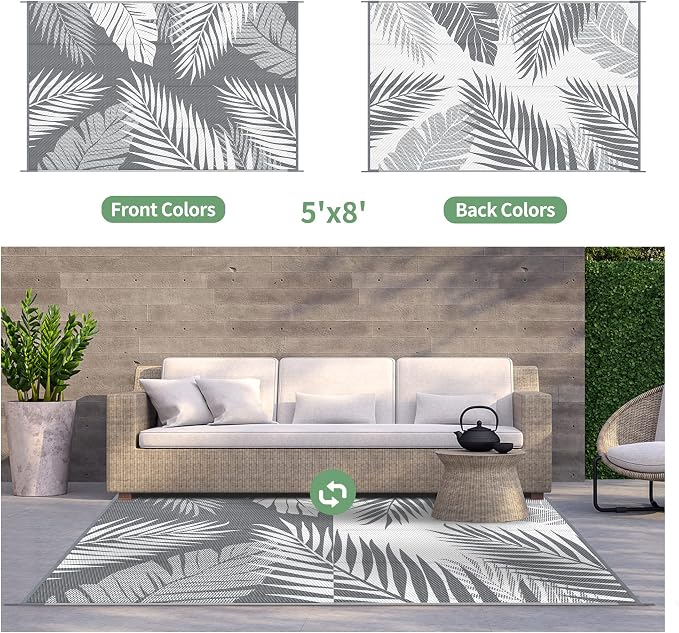GENIMO Outdoor Rug, Waterproof Plastic Rugs for Patio, 5'x8' Grey White | Outside Larger Leaf Carpet Mat for Porch Decor, Deck, Balcony, Camping, RV, Backyard, Picnic, Beach, Reversible, Foldable