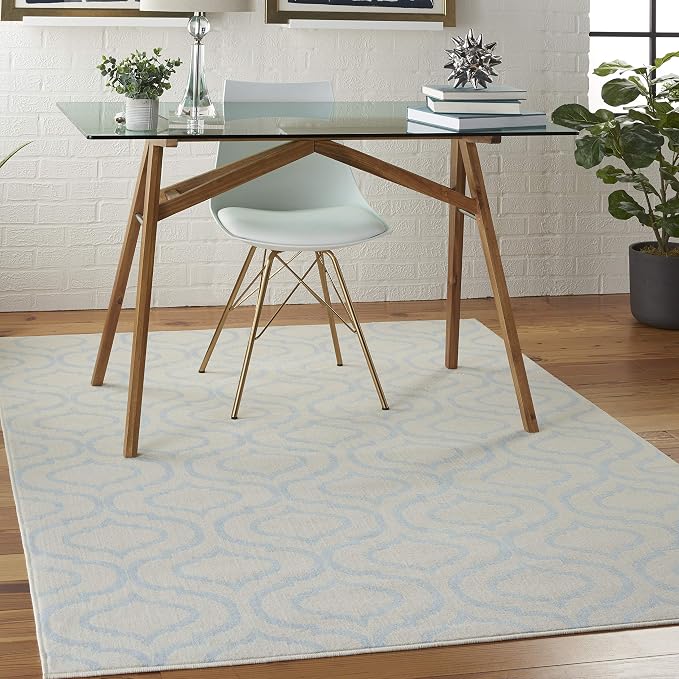 Nourison Home Jubilant Trellis Ivory/Blue 5'3" x 7'3" Area -Rug, Easy -Cleaning, Non Shedding, Bed Room, Living Room, Dining Room, Kitchen (5x7)