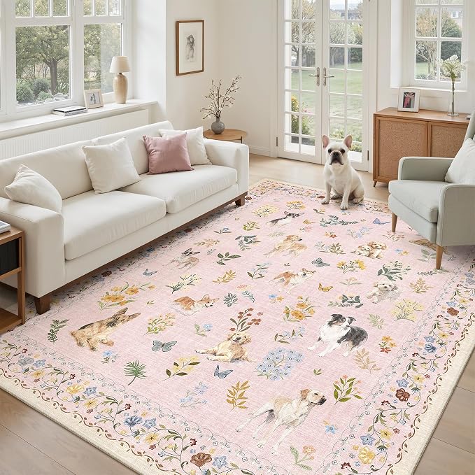 Soalmost Dog 6x9 Pink Area Rugs for Baby Girl Nursery, Washable Soft Rug | Floral Vintage Non-Slip Low Pile Cute Throw Rugs for Living Room Kitchen Dining Room Bedroom Nursery Playroom 5' x 7'