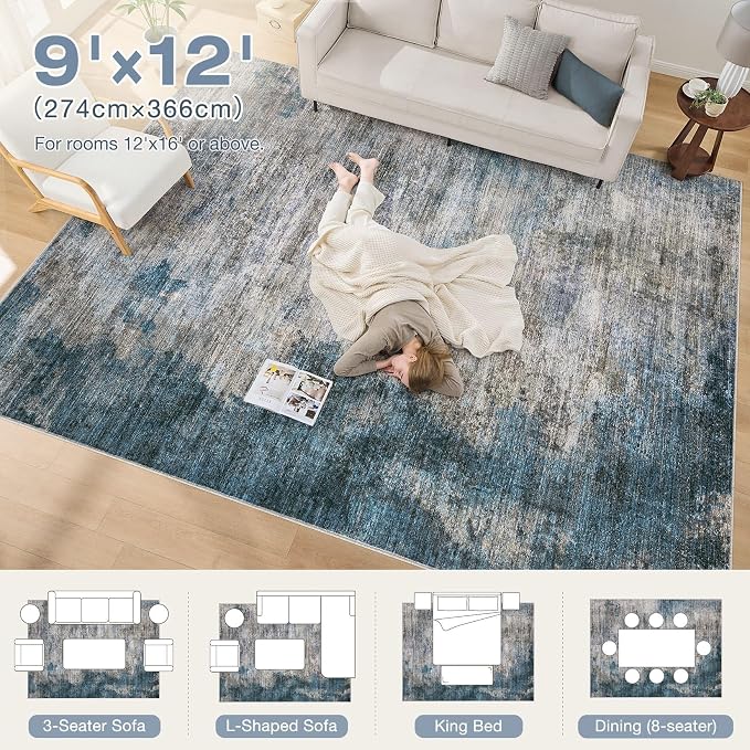 DMOYEST 9x12 Area Rug for Living Room, Washable & Non Slip Large Indoor Carpet, Kid & Pet Friendly Soft Thin Low Pile Abstract Rug for Bedroom and Office - Dark Grey