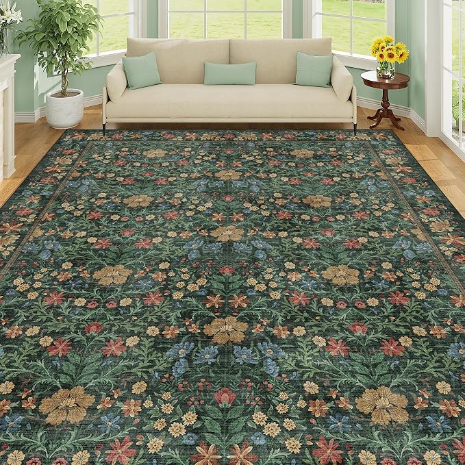 DUKINO 8x10 Area Rugs, Vintage Floral Washable Rug for Living Room, Green | Non Slip, Low Pile, Non-Shedding, Stain Resistant, Aesthetic Soft Indoor Large Carpet for Bedroom, Dining Room, Farmhouse