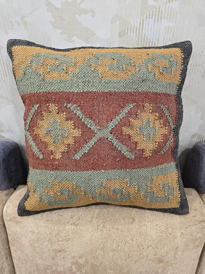 Kilim Pillow Cover Set of 4, 18 x 18 inches Wool Jute Cushion Cover, Handwoven Boho Vintage Decorative Throw Pilllow Case for Living Room & Bedrooms (D4-Set of-4)