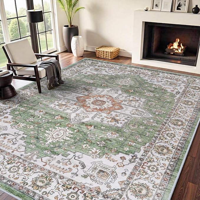 RUUGME Living Room 8x10 Area Rug - Soft Washable Area Rugs Stain Resistant Carpet Vintage Lightweight Rugs for Bedroom with Non Slip Backing Indoor Ultra-Thin Rugs Home Decor 8x10 Sage