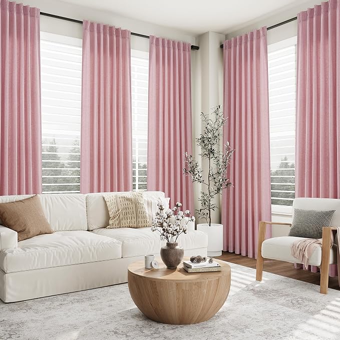 Pink Pinch Pleated Linen Curtains 108 Inches 2 Panels for Living Room Bedroom Kids Room Semi Sheer Windows Treatment Curtain Contemporary Casual Rod Pocket Bedroom Girls Room Home Decor 40x108 9 FT