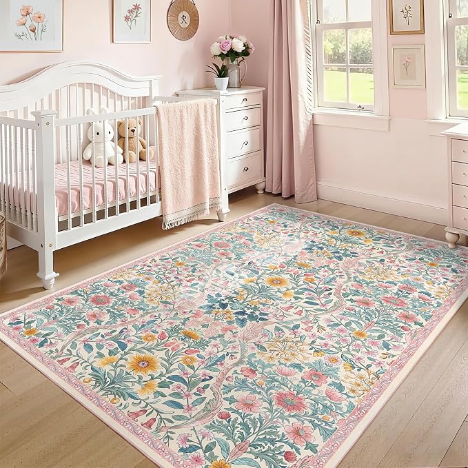Floral Washable 6x9 Area Rug，Light Pink Boho Rugs for Living Room, Soft Low-Pile Non-Slip Stain Resistant & Non-Shedding Carpet for Girls Bedroom,Dining Room,Office,Entryway,Nursery