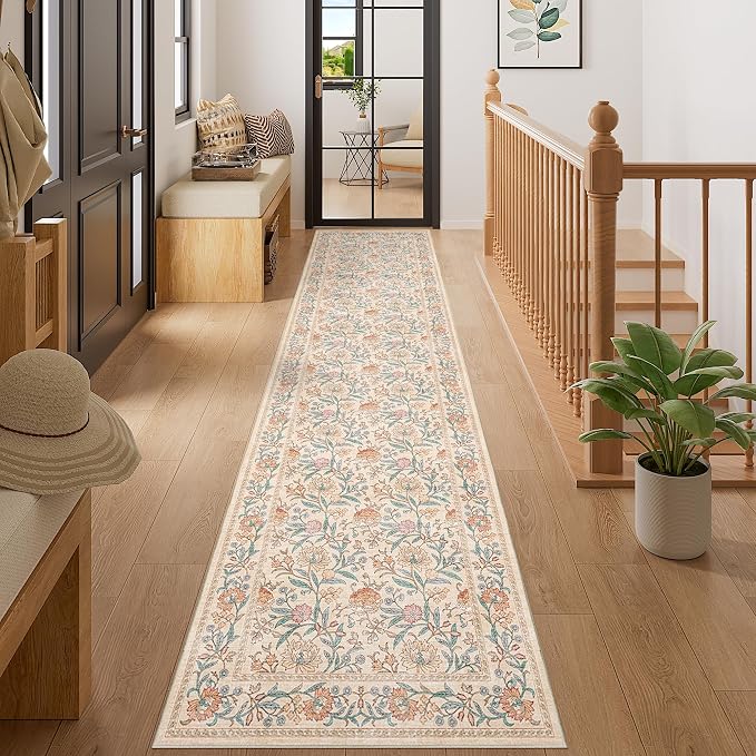 DUKINO 2x10 Runner Rug for Hallway, Washable Vintage Floral Rug, Beige | Non Slip, Low Pile, Non-Shedding, Stain Resistant Soft Long Runner Carpet for Kitchen Bathroom Entryway Bedroom Farmhouse