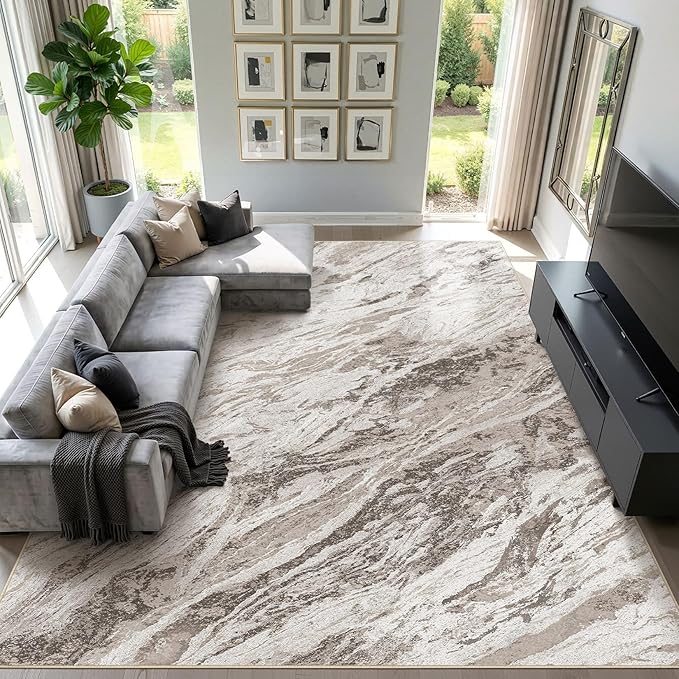 Area Rugs for Living Room: 10X14 Abstract Washable Rug Modern Neutral Large Soft Stain Resistant Non-Slip for Bedroom Dining Room Indoor Home Office Carpet - Brown
