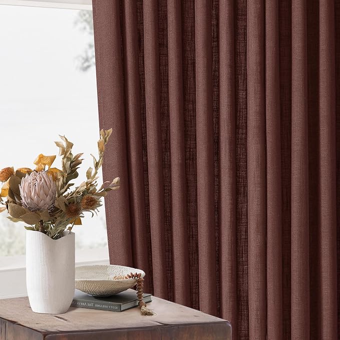 Chestnut Brown Pinch Pleated Linen Sheer Curtains 45 Inch Length 2 Panels | for Kitchen Small Bay Window Basement, Pinch Pleated with Hooks Rings Back Tab, Memory Shape, Thick Linen Semi Sheer, W40xL45