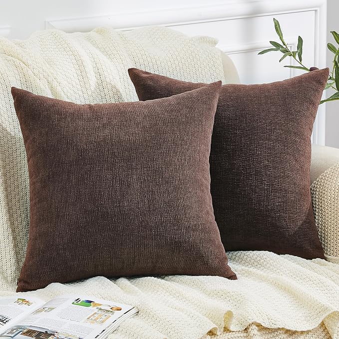 GAWAMAY Decorative Square Throw Pillow Covers 22x22 Inch Set of 2, Super Soft Chenille Pillows Farmhouse Fall Pillowcase for Living Room Bedroom Sofa Couch Cushion Cover Coffee 55x55cm (No Inserts)