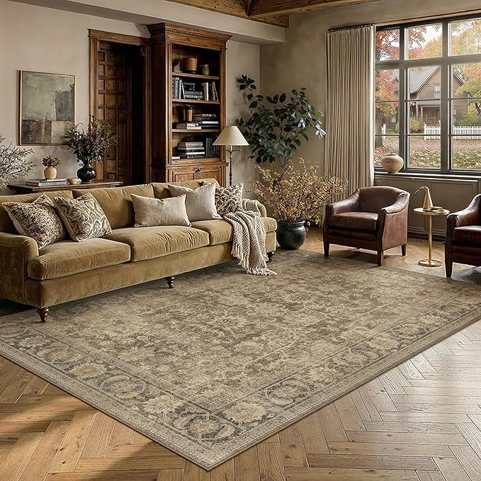 PureCozy 5x7 Brown Living Room Area Rug Vintage Washable Non Slip Indoor Carpet Distressed Low Pile Soft Retro Accent Throw Rug for Bedroom Dining Room Kitchen Office