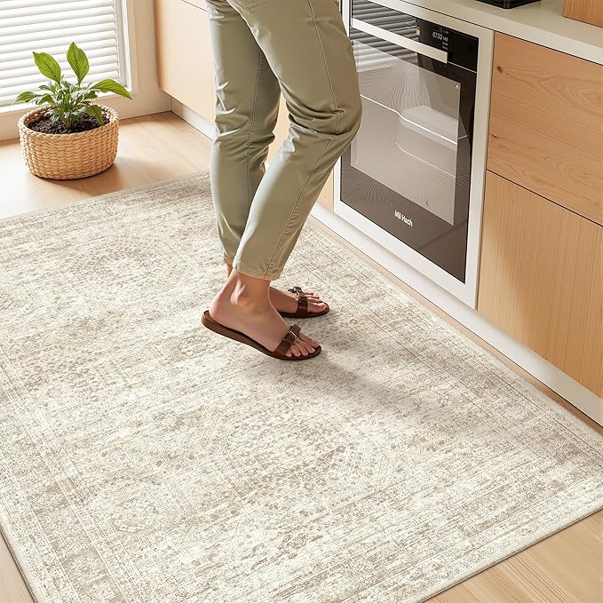 3x4 Rugs for Entryway,Washable Area Rug,Beige | Small Rug for Kitchen,Hallway,Bedroom,Bathroom,Thin,Soft, Neutral Rug,Stain Resistant Indoor Carpet,Non Slip