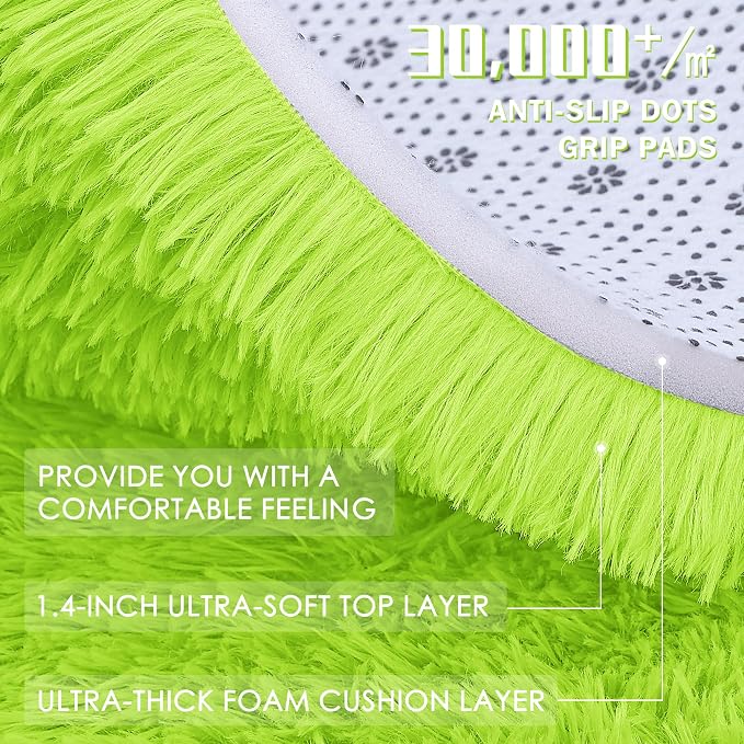 OLANLY Lime Green Round Rugs for Bedroom - Machine Washable, 4 ft Circle Area Rugs for Living Room, Soft and Fluffy Shaggy Carpet for Teen Girl and Boys, Nursery Rooms, Dorms, Home Decor Aesthetic