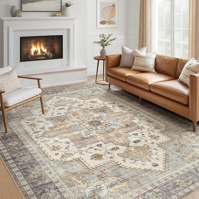 Tortania Area Rug Living Room Rugs - 8x10 Washable Boho Rug Vintage Oriental Distressed Farmhouse Large Thin Indoor Carpet for Living Room Bedroom Under Dining Table Home Office - Greige