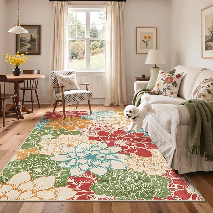 GENIMO 9x12 Outdoor Rug, Washable for Patio and Deck, Rust Teal | Floral design for gazebo; lightweight chenille with quick-dry non-slip backing for indoor dining area