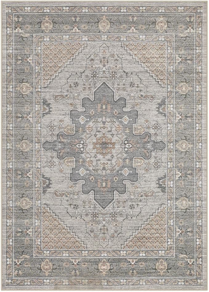Tortania Area Rug Living Room Rugs - 8x10 Washable Boho Rug Vintage Oriental Distressed Farmhouse Large Thin Indoor Carpet for Living Room Bedroom Under Dining Table Home Office - Brown Gray