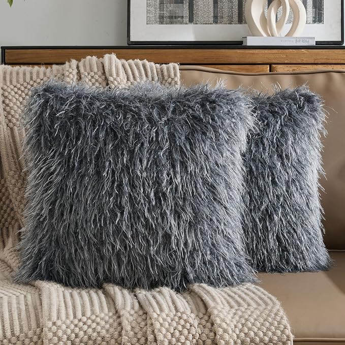 FUTEI Pack of 2 Shaggy Mongolian Faux Wool Throw Pillow Covers 18x18 Inch Soft Fluffy Farmhouse Decorative Cushion Case for Couch Bed Living Room, Dark Grey