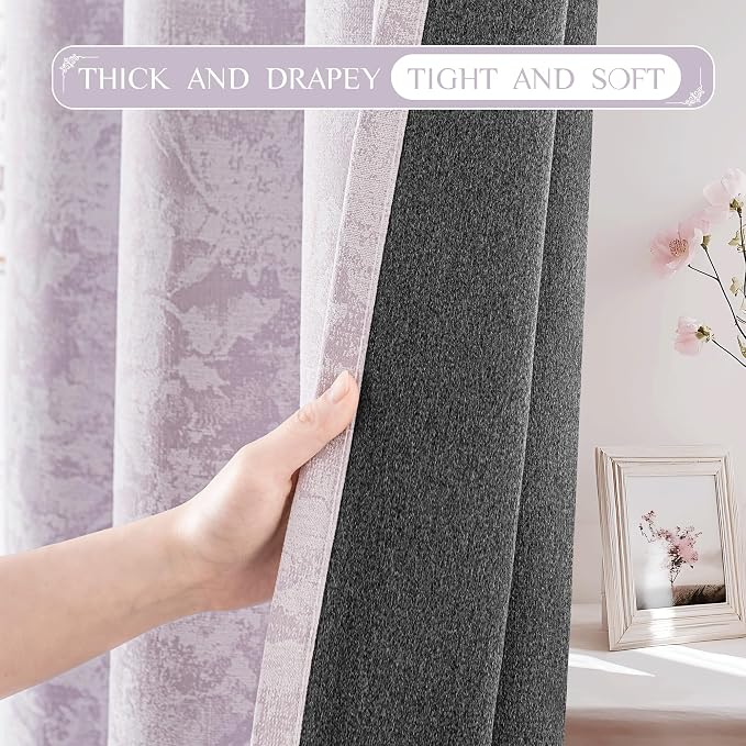 Beauoop Purple Floral Jacquard Blackout Curtains for Bedroom 52x84 2 Panels | Flower Chenille Room Darkening Drapes for Living Room 84 Inch Long Thermal Insulated Soundproof Window treatment Grommet