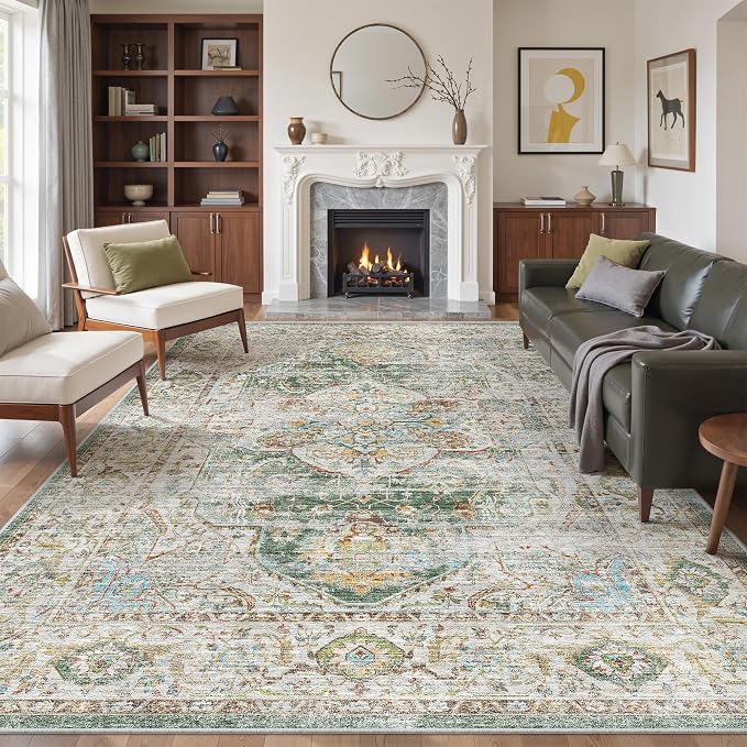 befbee Washable Rug 8x10 Area Rugs for Living Room - Stain Resistant Non-Slip Backing Rugs for Bedroom - Vintage Large Area Rug (Green, 8'x10')