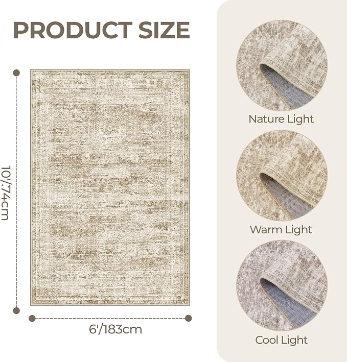 6x9 Area Rugs for Living Room,Large Washable Rug,Brown | Rugs for Bedroom,Dining Room,Office,Low Pile,Soft, Neutral Rug,Stain Resistant Indoor Carpet,Non Slip,Home Decor