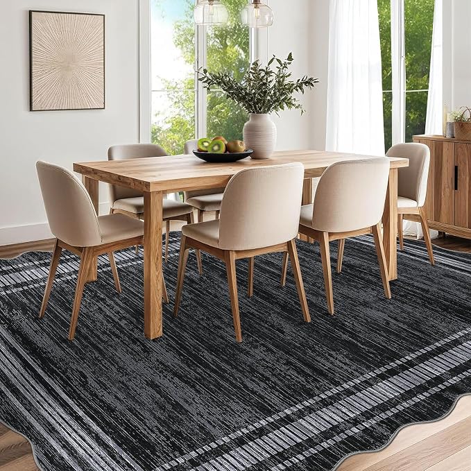 Garvee Scalloped Modern Abstract Area Rug 9x12 Large Washable Rug for Living Room, Non-Slip Soft Carpet for Bedroom, Scalloped Low-Pile Solid Print Accent Rug for Dining Room Home Office, Black | Girls Rug for Bedroom, Non-Slip Soft Carpet for Bedroom,...