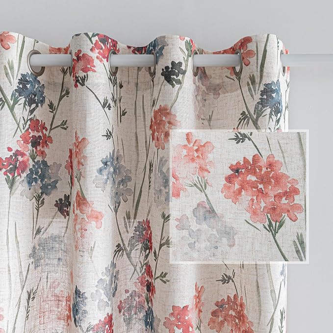 MYSKY HOME Linen Floral Curtains 84 inch Length 2 Panels Semi Sheer Light Filtering Privacy Protect Flower Patterned Drapes for Living Room Bedroom, 52" Wide, Red, Pack-2
