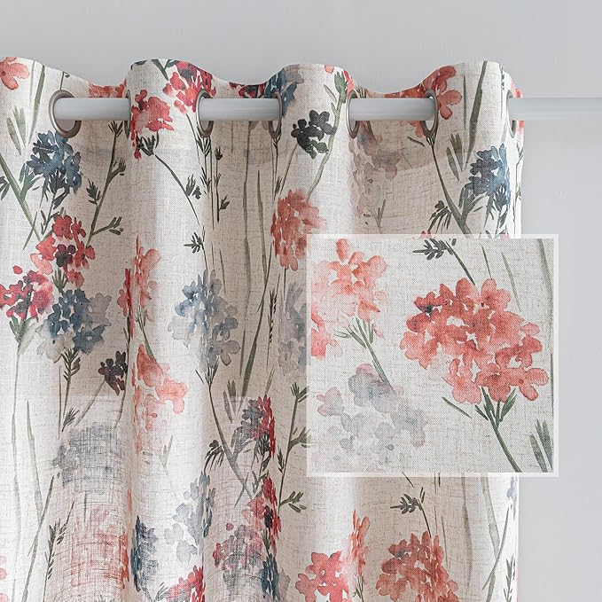 MYSKY HOME Floor to Ceiling Linen Floral Curtains 102 Inch Length 2 Panels Semi Sheer Light Filtering Farmhouse Flower Printed Window Grommet Drapes for Dining Room, 52" W Each Panel, Red