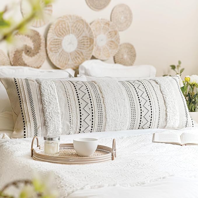 BlissBlush 20X54 Oversized Large Lumbar Pillow Cover for Bed, Rectangular Long Decorative Throw Pillowcase, Cotton Boho Accent Cushion with Black Tufted Pattern and Tassels, Cream Neutral (Cover Only)