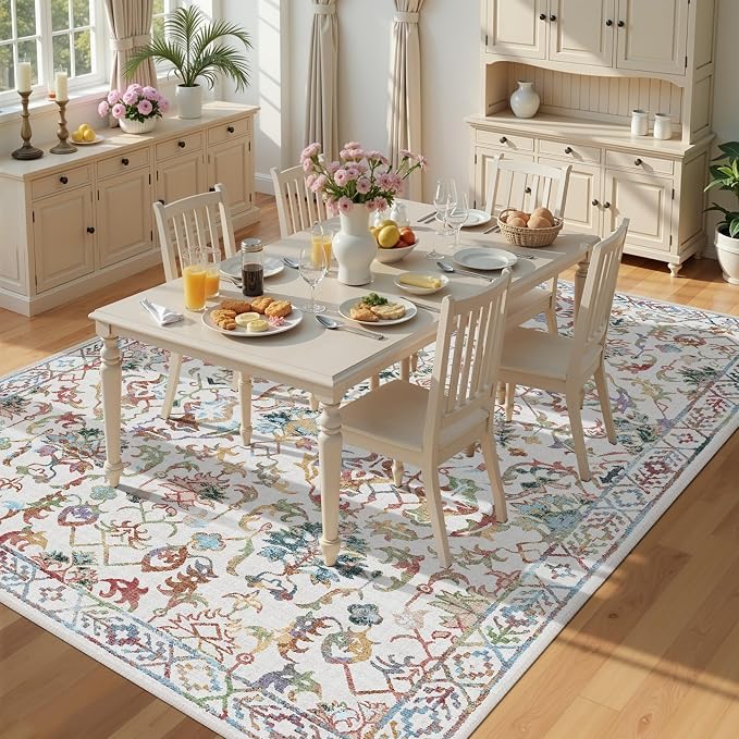 Colorful Area Rugs 5x7 for Living Room, Machine Washable Rugs for Bedroom, Vintage Living Room Rug, Rug Non Slip Carpet Cream Green Area Rug for Bedroom Dining Room