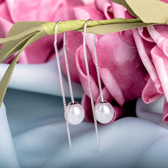 MOLAH 925 Sterling Silver Genuine Cultured Freshwater Pearl 8-8.5mm Threader Earrings Rhodium Plated