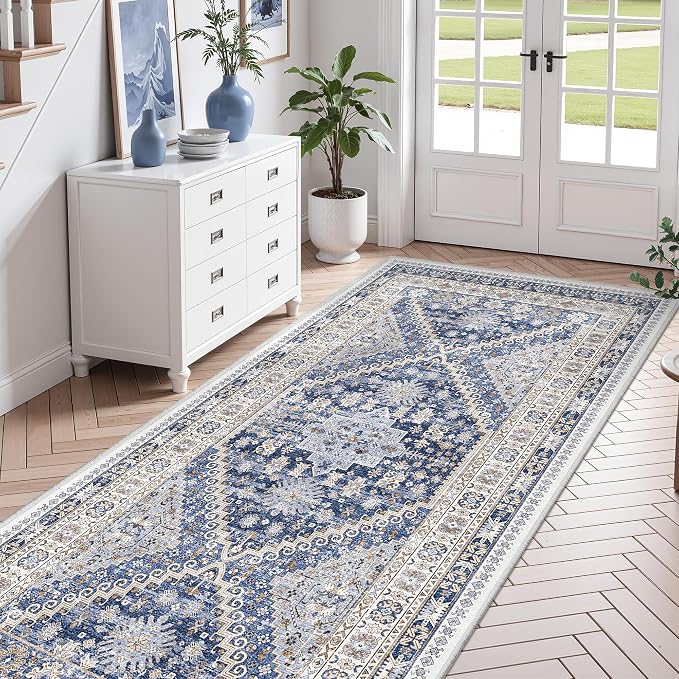 zesthome 4x8 Rug for Bedroom,Wide Runner Rug for Hallway, Non Slip Washable Runner Rug for Living Room, Low Pile Soft Entryway Kitchen Rug, Modern Home Decor Mat for Dining Room(Blue/Beige,4'x8')