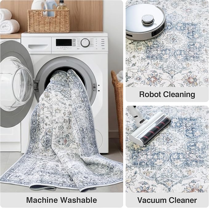 FMFUNCTEX 8x10 Blue Washable Area Rug Vintage Distressed Oriental Non Slip Low Pile Neutral Indoor Carpet for Living Room Bedroom Soft Retro Floral Thin Large Rug for Dining Nursery Office Dorm