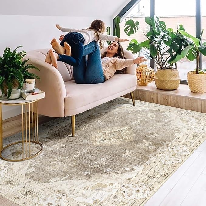 MUJOO Boho Rug 4'x6.5' Area Rugs Washable Non Slip Low-Pile Floral Beige | Machine Washable Throw Carpet for Bedroom Living Room Office Entryway Small Soft Floor Indoor Vintage Bohemian Flowers