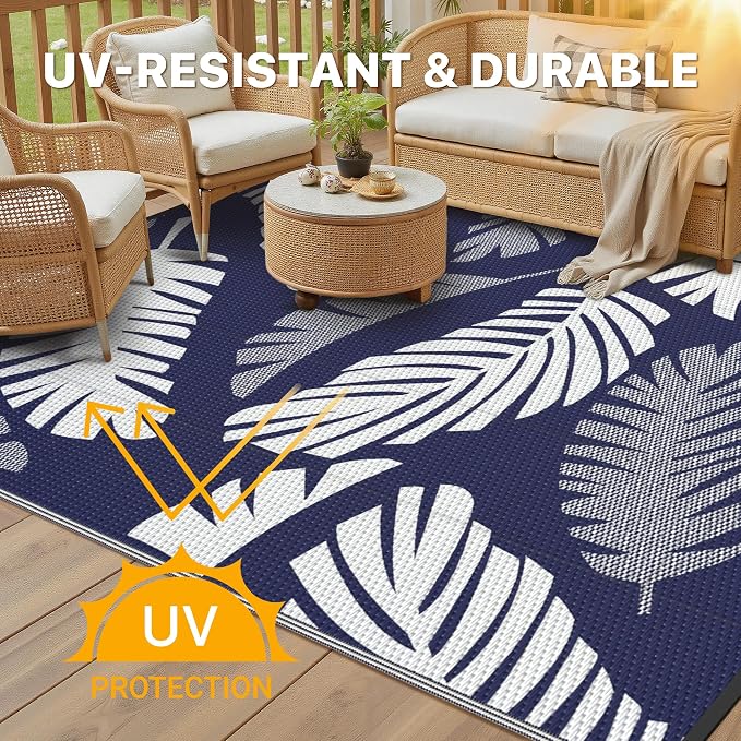 GENIMO Outdoor Rug, Waterproof Plastic Rugs for Patio, 6'x9' Blue White | Outside Larger Leaf Carpet Mat for Porch Decor, Deck, Balcony, Camping, RV, Backyard, Picnic, Beach, Reversible, Foldable