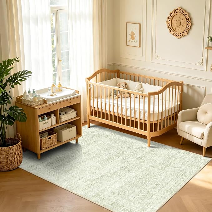 Washable Rugs 5x7, Vintage Boho Carpet for Nursery, Light Green | for Bedroom and Living Room, Low Pile Indoor Neutral Area Rug with Non-Slip Silicone Backing, Non-Shedding