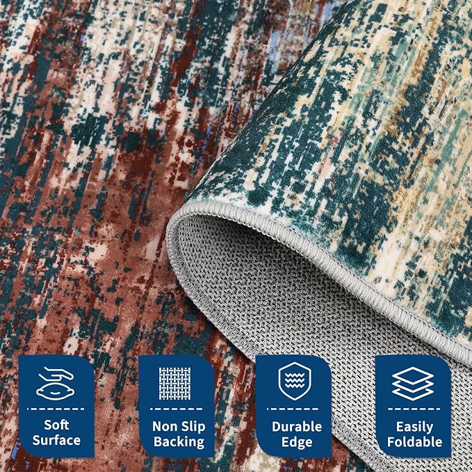 ROYHOME Washable Runner Rug 2x6 Modern Abstract Kitchen Rugs, Non Slip Bathroom Rug, Low Pile Laundry Room Soft Long Carpet for Hallway Bedroom Entryway, Red Multi