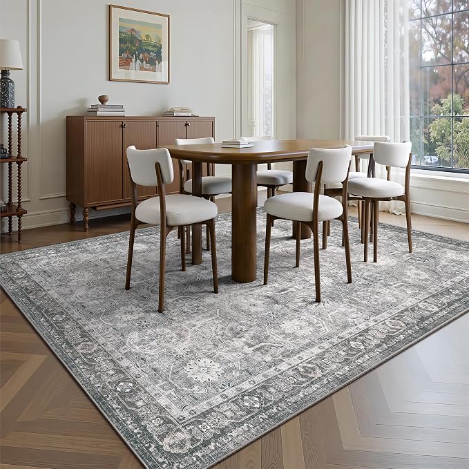 Living Room Rug 6x9, Soft Non Slip Low Pile Washable Rug, Boho Modern Area Rug for Bedroom, Dining Room, Distressed Grey